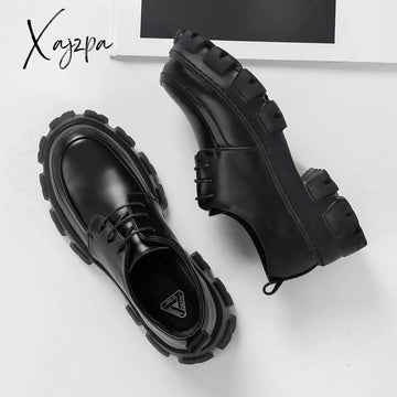 Xajzpa - Male Leather Shoes Men 2024 New Chunky Platform Retro Work Spring Autumn Derby Highstreet